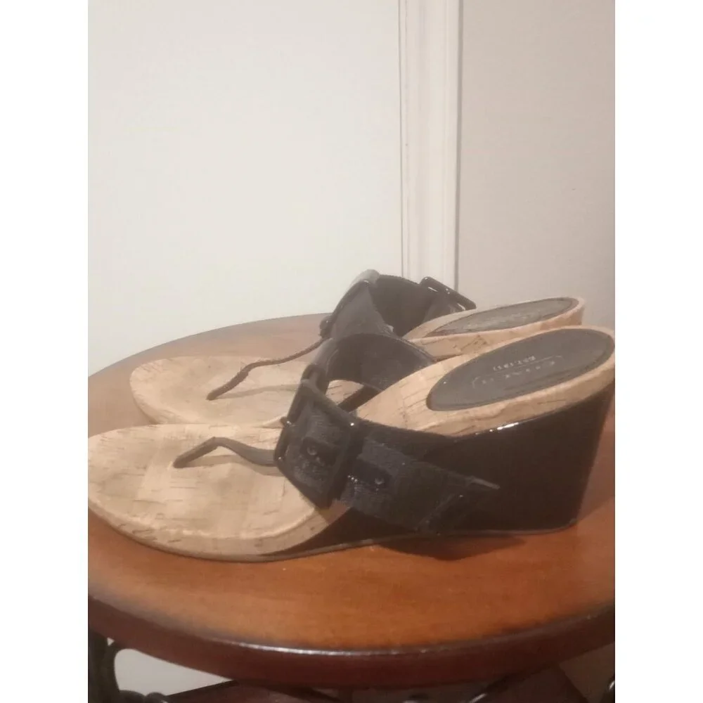 Coach Bernadette Q611 Black Patent Cork Thong Wedge Sandals Women's Size 9.5B